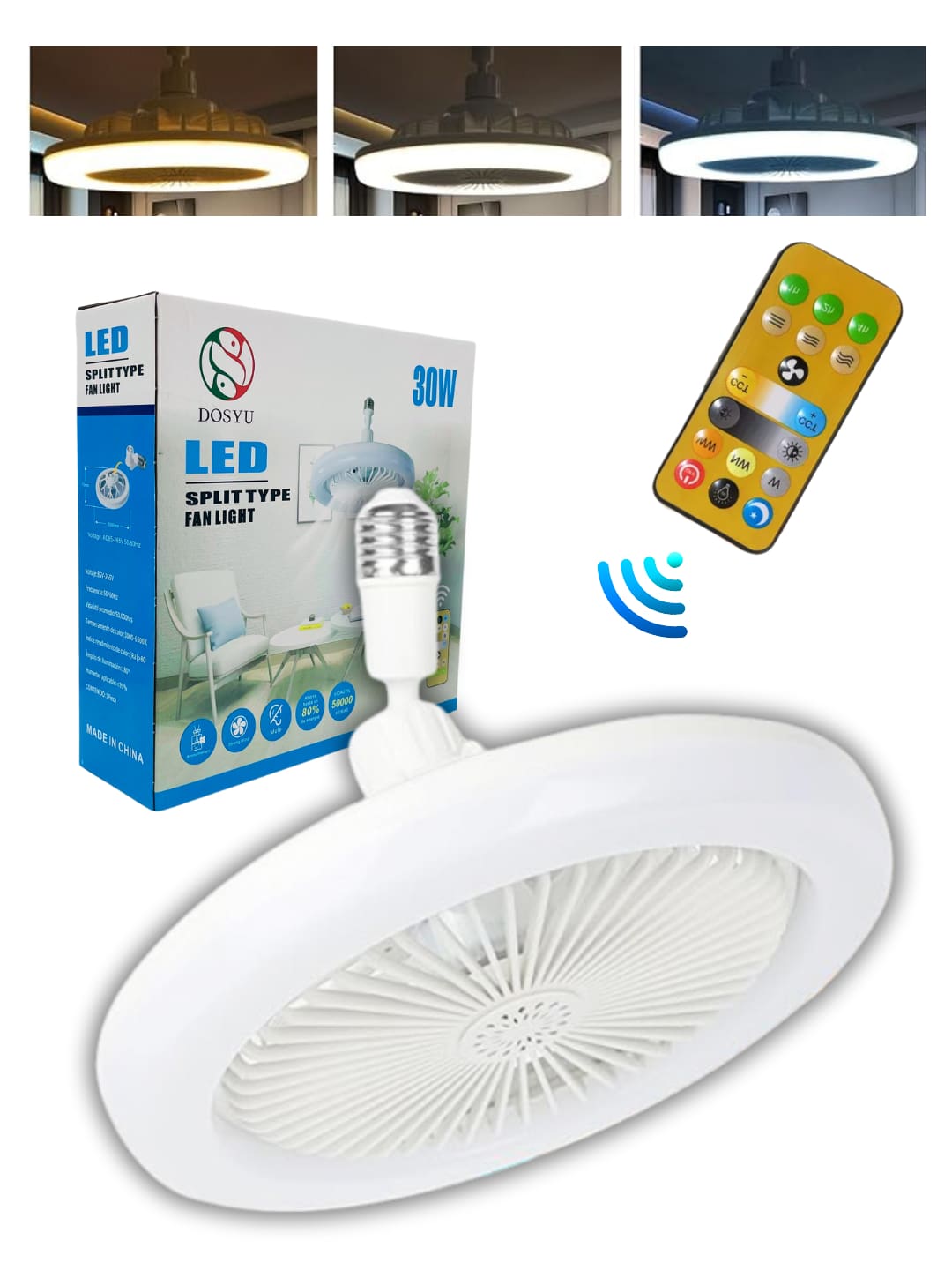 Ventilador Lámpara LED 30 Watts Alta Potencia e Iluminación Abanico con Socket con una Rotación de 360 Grados Multifuncional con 3 Tipos de Iluminación Luz Blanca Fría, Luz Neutra y Luz Cálida Control Remoto Aromaterapia Frescura Ideal para el Hogar