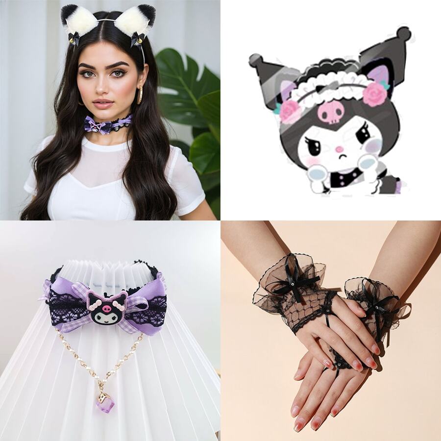 Sanrio Sanrio Authorized Kuromi 3-In-1 Princess Set 2025,Party Dress Up Sexy Set - Velvet Adjustable Headband + Bowknot & Cuffs + Lace Gloves | Party/Cosplay/Halloween/Month's Day Gifts Costume Kit (Gift Dress-Up)