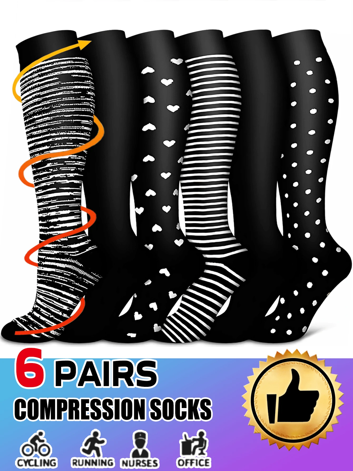 6 Pairs Unisex Compression Sports Socks - Lightweight Knee-High Breathable Design For Running, Cycling, Hiking, Soccer & Travel - Low Pressure Support