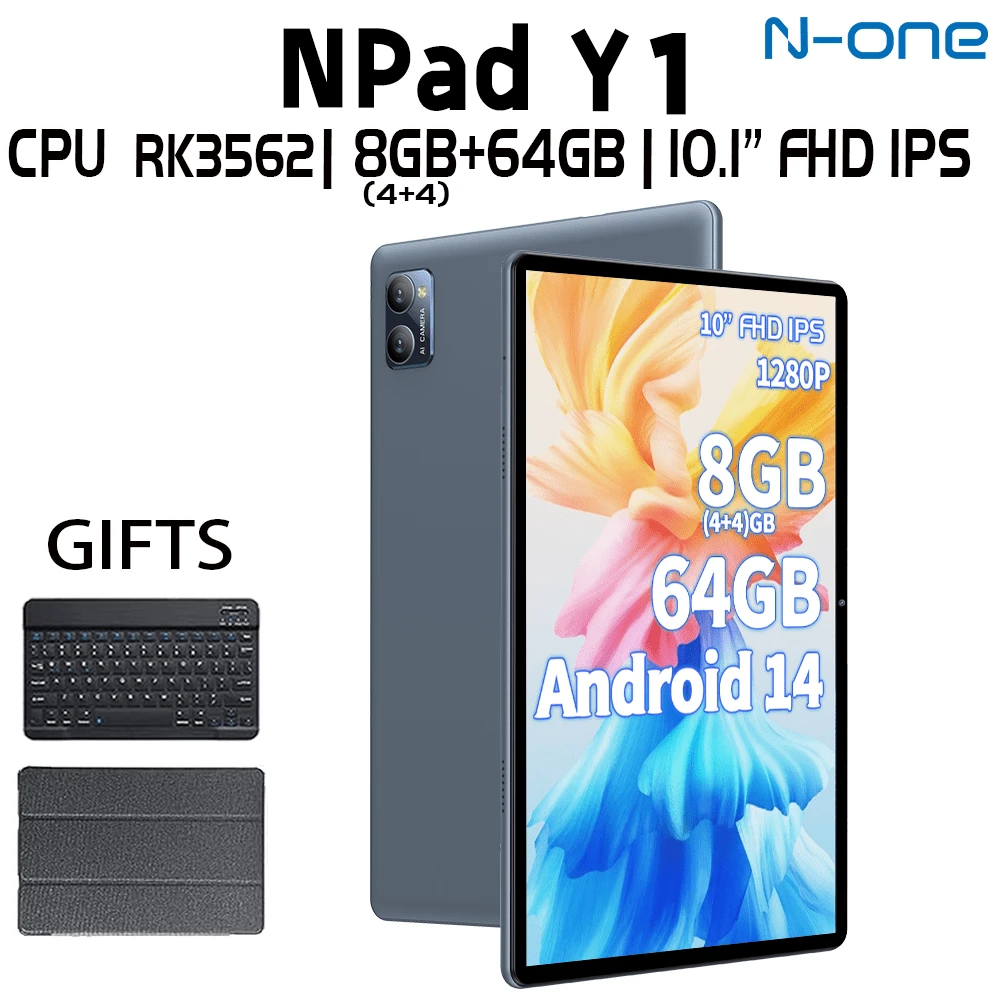 N-One NPad Y1 Android 14 Tablet / CPU RK3562 2.0Ghz /8GB(4+4)RAM+64GB Rom/ 10.1" 1280*800 Screen / 5G WIFI/ 5000mah / Type-C / 2MP+5MP Camera/ With Free Leather Case, Keyboard, Type-C Cable (No Adapter)