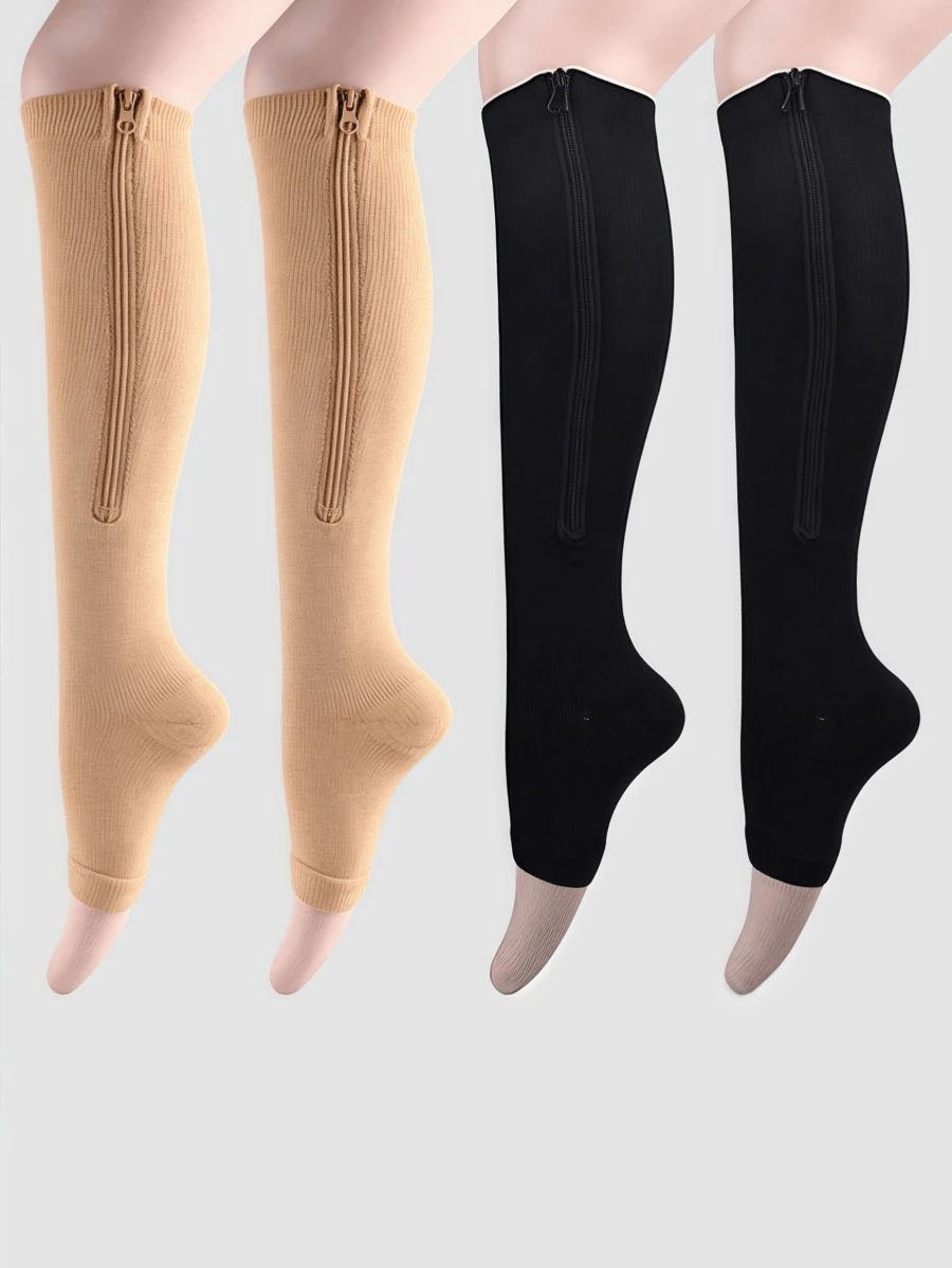 1 paire de chaussettes de compression casual avec rayures latérales et fermeture éclair, sport orteil ouvert sans pied, fitness et gaine corporelle