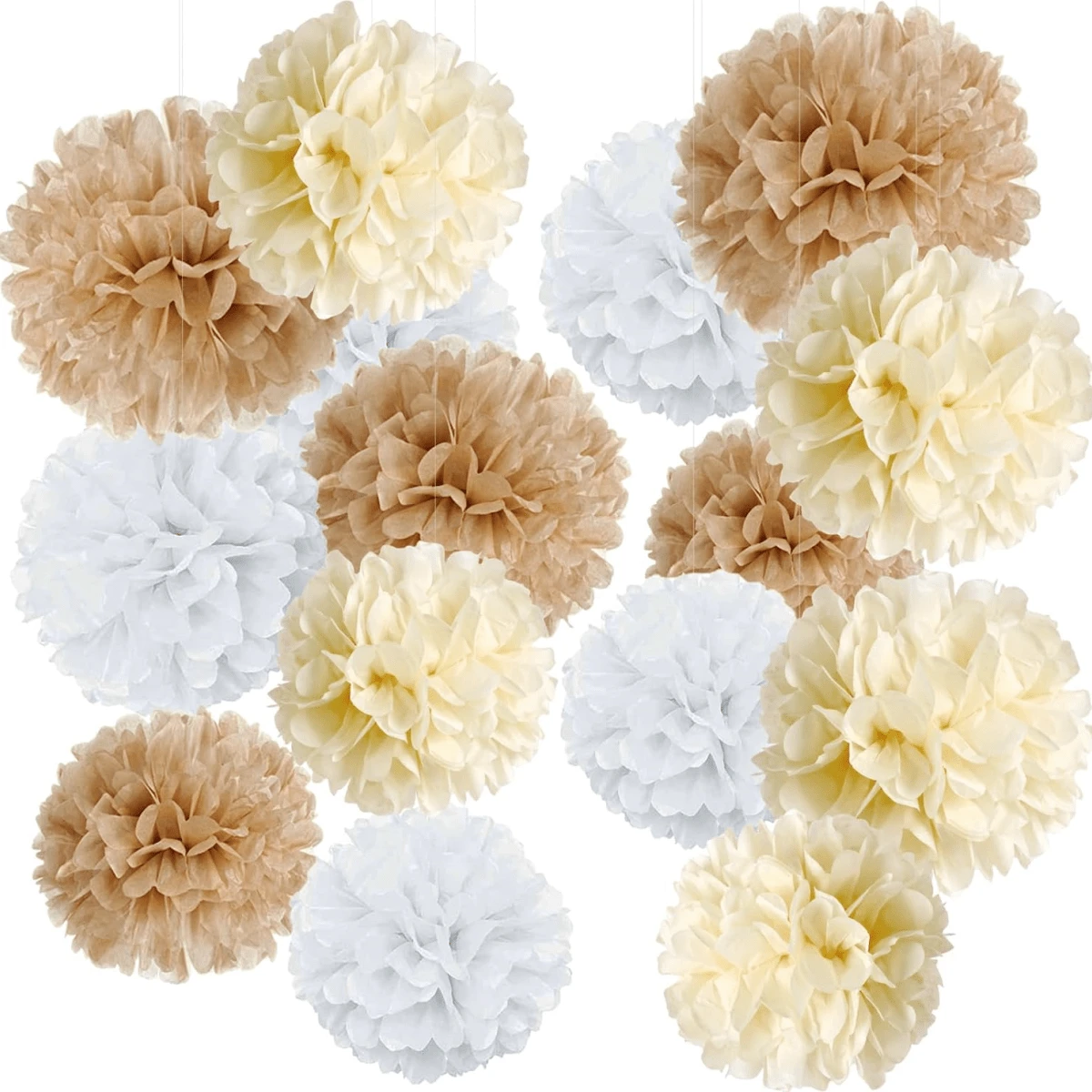9 pièces Pompons en papier de style bohème Champagne Neutre Décorations de fête Fleurs en papier blanc crème et marron clair pour mariages, anniversaires, fiançailles, baby-showers, fêtes de style bohème