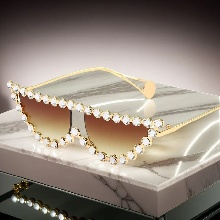 1 Brille Metallisch glitzernde diamantbesetzte transparente Luxus- für Damen, Strandmode, Geschäfts-/Lässig-Geschenke, Katzenaugen-Stil