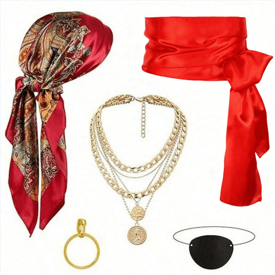 5 pièces Ensemble d'accessoires de costume de pirate, comprenant un chapeau de pirate pour femme, un foulard de pirate, une ceinture de taille de pirate, une décoration de combinaison et des couleurs variées pour Halloween