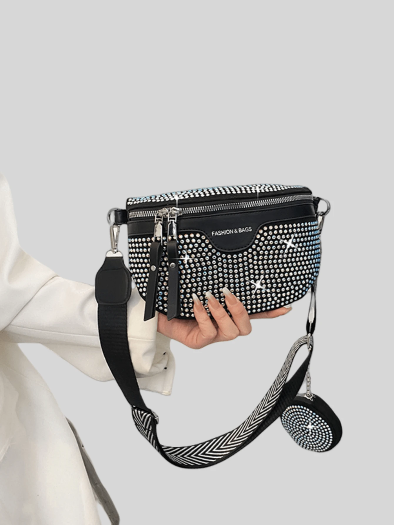 Bolso bandolera, riñonera y bandolera para el pecho con monedero para mujer, con detalles de pedrería, brillo y strass