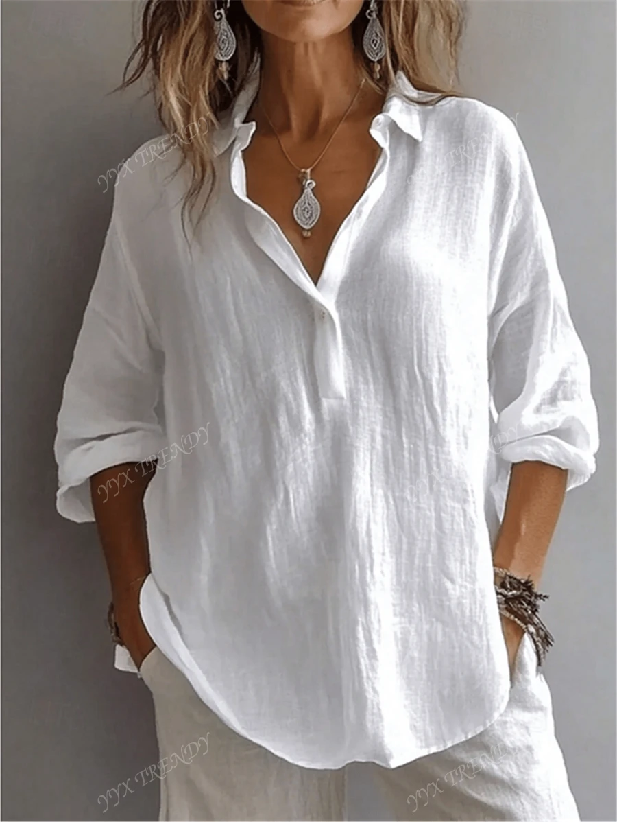 Women's Plus Shirt Solid Color Daily Casual Long Sleeve Bishop Sleeve Shirt Collar Regular Tops Daily Patchwork Buttons