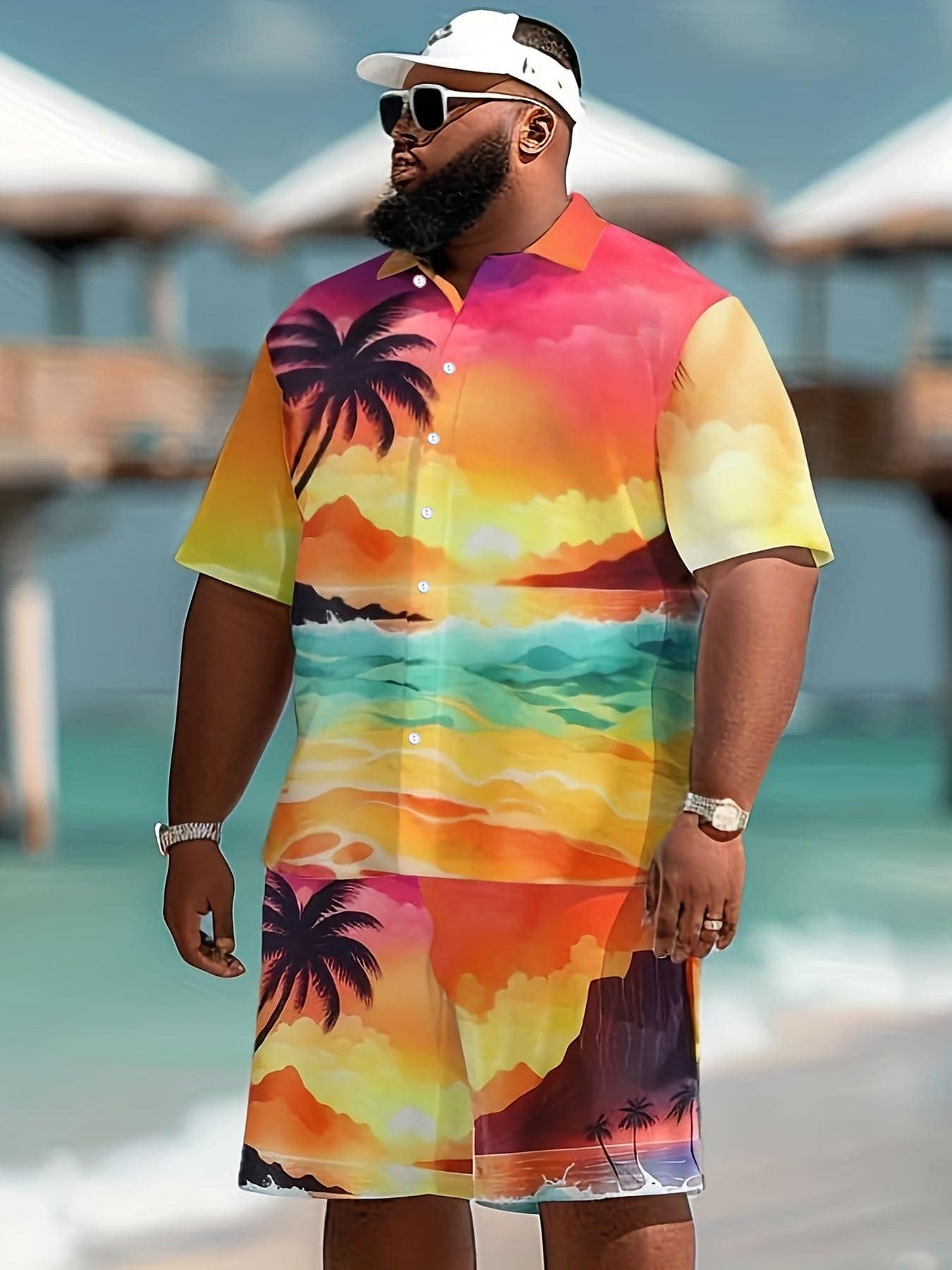 1 Set Plus Size Men's Tropical Print Collared Shirt And Shorts Set, Casual Beach Outfit