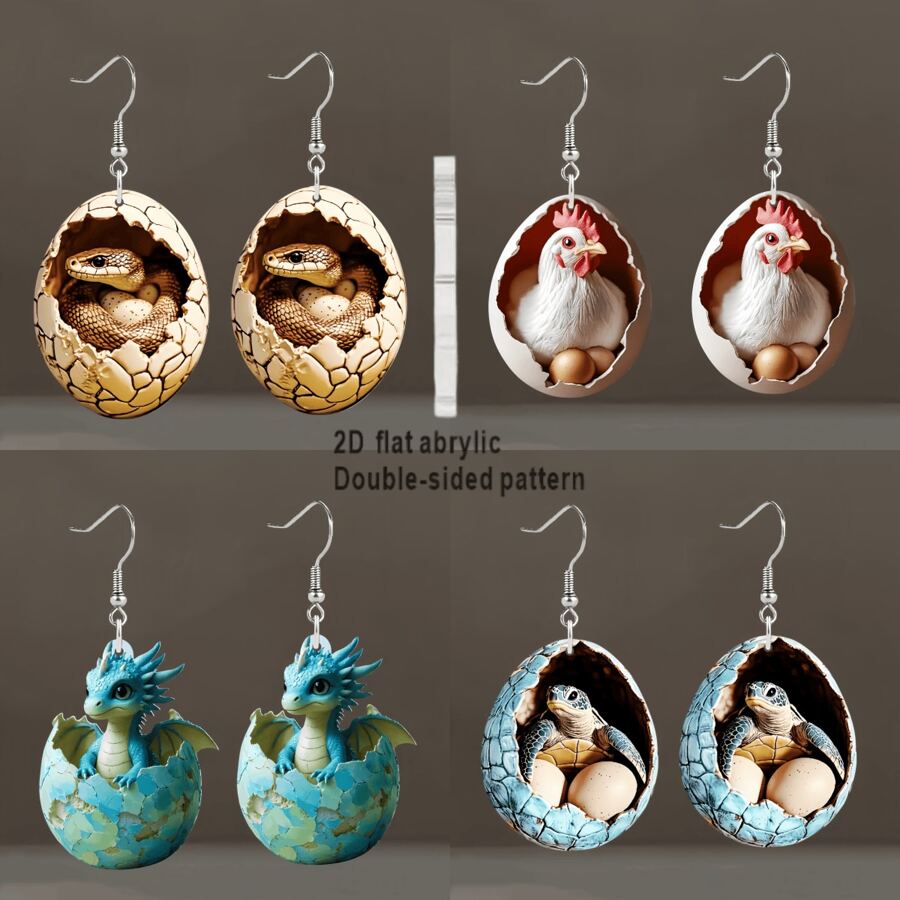 4 Pairs Of Novelty Hatching Creature Earring Set - Turtle, Snake, Fantasy Dragon And Chicken Patterns, Vibrant Colors, 2D Flat Acrylic Style, Suitable For Parties And Festivals, Holiday Accessories | Imaginative Earrings | Acrylic Earrings, Unique Earrings
