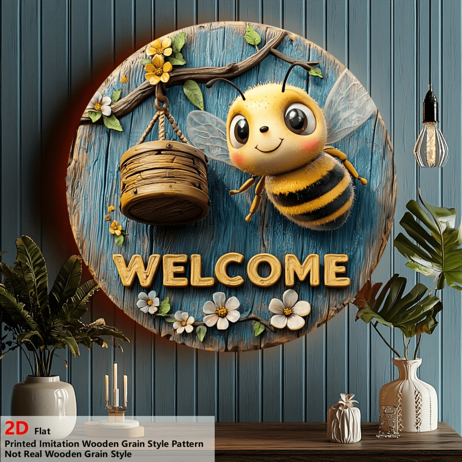 1 pièce Plaque décorative ronde plate de 8 x 8 pouces - Panneau de bienvenue avec motif bois et abeille, plaque haute définition résistante aux intempéries, convient pour les cadeaux nature, la décoration apicole, position des trous plate aléatoire