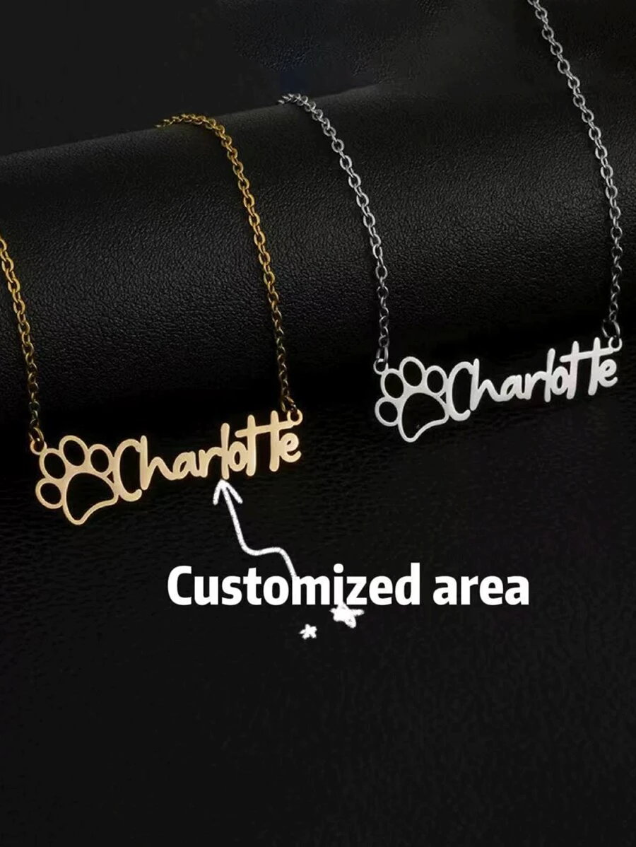 1 pieza Colgante de pata de animal hueco de acero inoxidable con nombre personalizado - Joyería personalizada de estilo bohemio exquisita, cadena delgada de fuente cursiva elegante regalo para niñas