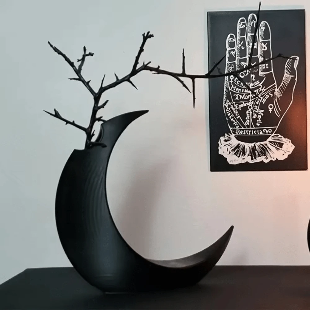 1 pièce Vase décoratif en forme de lune imprimé en 3D - Vase décoratif de style victorien gothique, vase de table en plastique de haute qualité, décoration de fête festive, cadeau créatif pour ami, décoration de style bohème | Décoration de motif délicat, décoration de vase, décoration d'Halloween