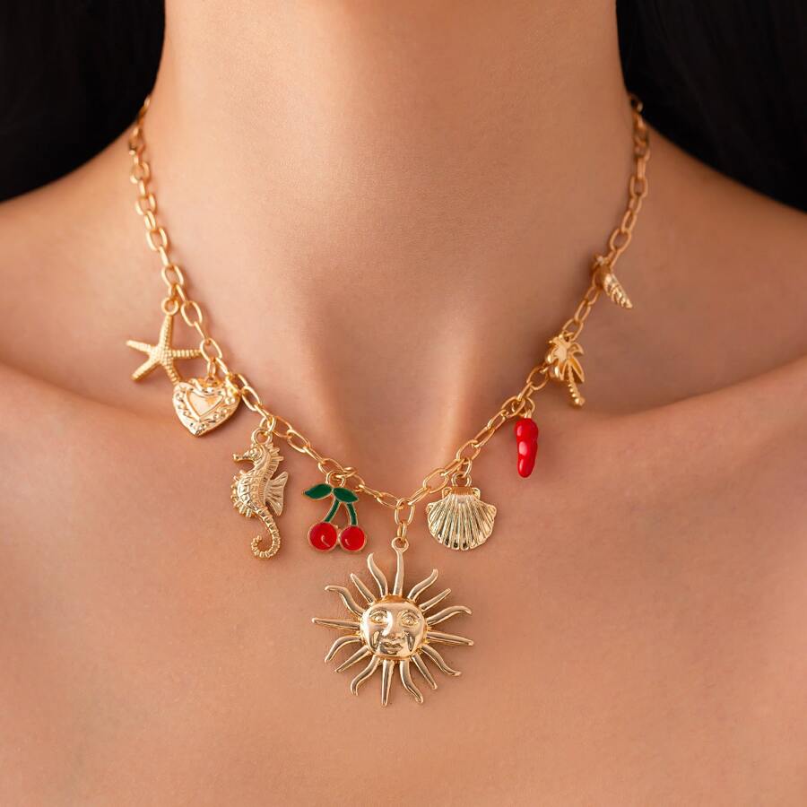 1pc Cherry Chili Pepper Gradient Drop Pendant Necklace, Vintage Nautical Style Metal Choker Necklace