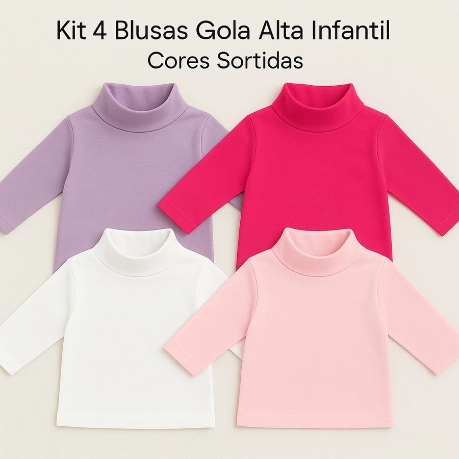 Kit 4 Blusas Infantil Menina Gola Alta Inverno – Manga Longa Cotton Macio