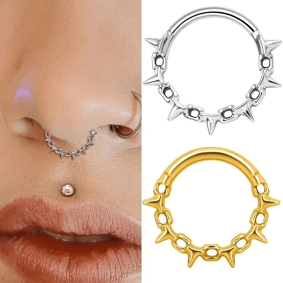 1pc 316 Stainless Steel Segmented Connected Nose Ring, Punk Style Ear Piercing Jewelry With Lock Chain Design, Spike Center Septum Ring, Suitable For Nose And Ear Cartilage Piercing, Sexy Unisex Body Jewelry