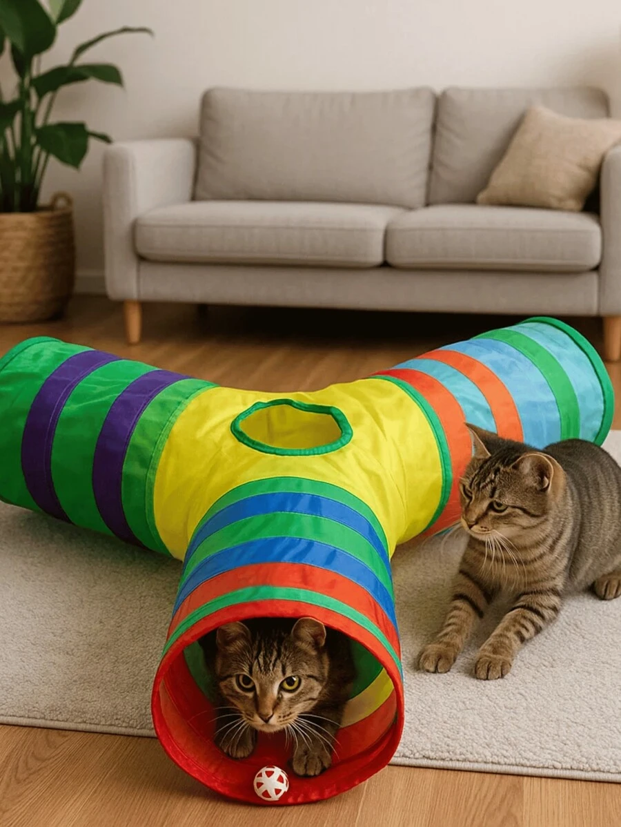 Túnel Para Gato Labirinto Modelo T com Bolinha Brinquedo Interativo Pet Colorido 3 Entradas Dobrável Leve Anti Estresse Cat Gatinho