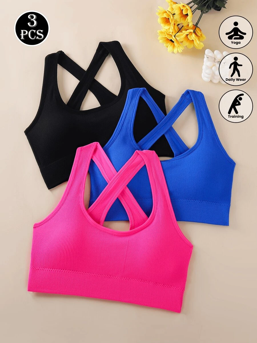 3 Stücke Kreuz-Träger Sport-BH für Damen, Yoga Gym Laufen Rückenfrei Cropped Top Büstenhalter kann als Oberbekleidung getragen werden