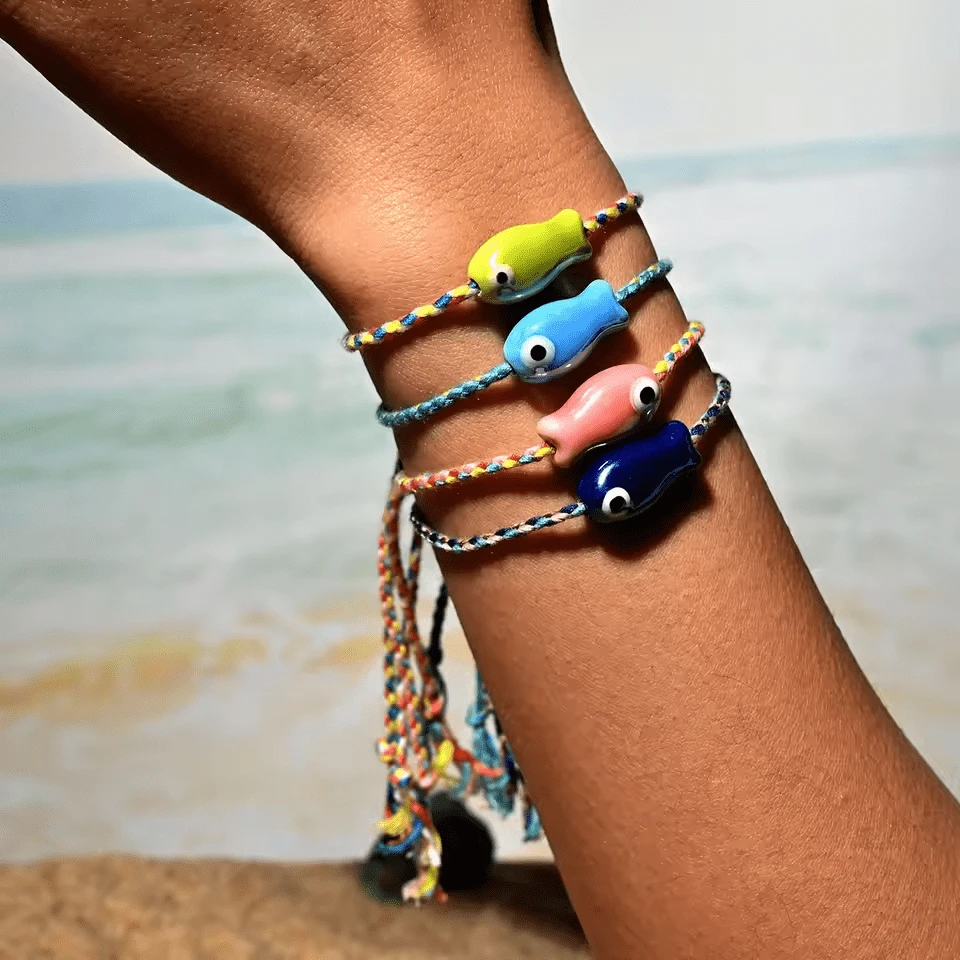 Pulsera de cerámica con pez multicolor y cordón, estilo bohemio, ideal para muñeca y tobillo