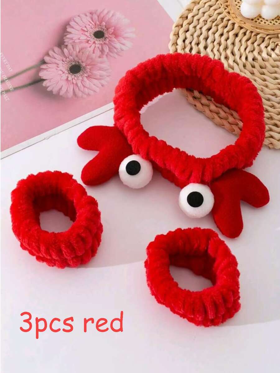 1pc/3pcs Cute Cartoon Crab Hair Band, Velvet Plush Hair Band With Big Eyes, Beauty Headband For Washing Face And Makeup. Back To School