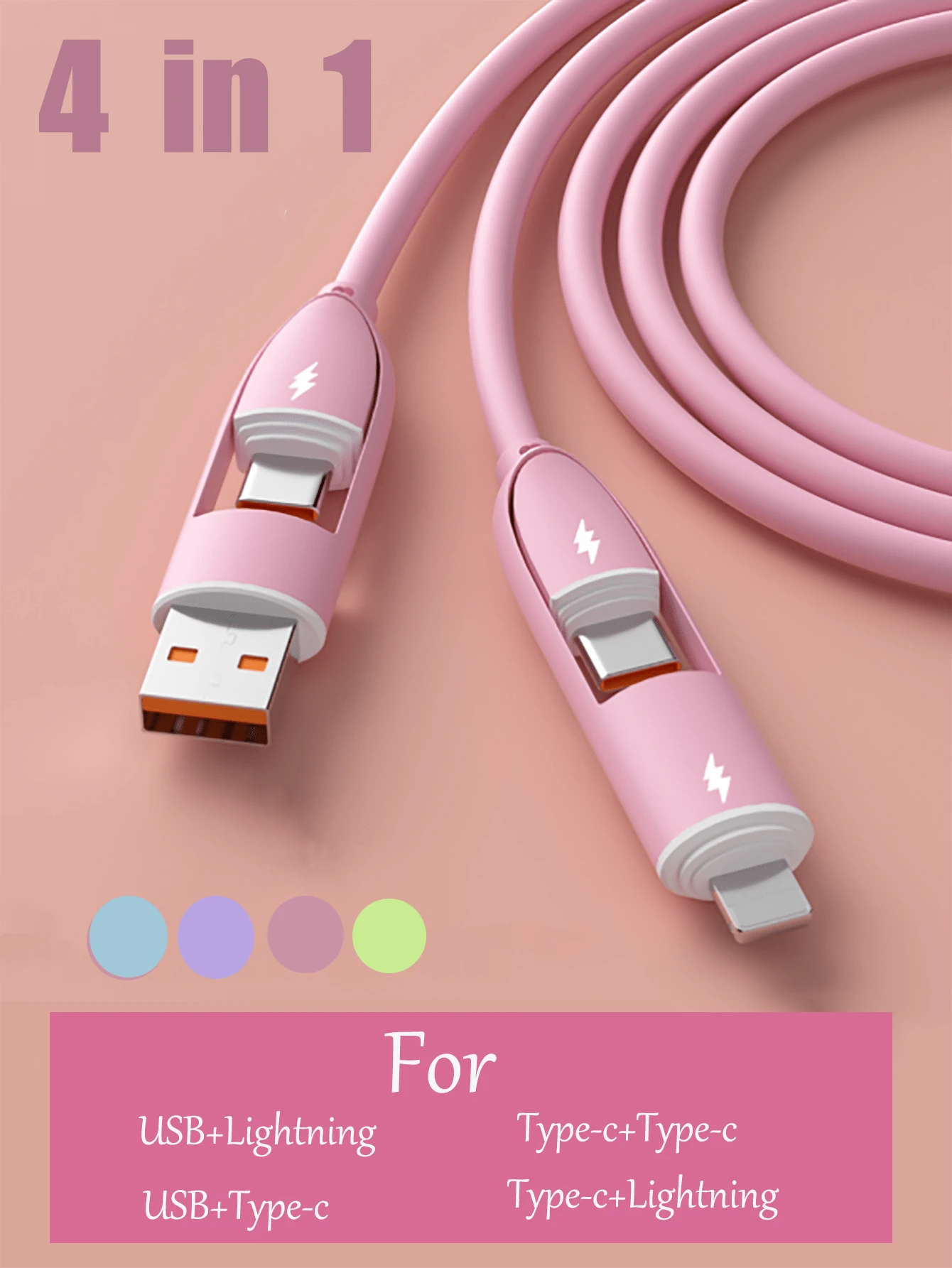 Cavo di ricarica 4 in 1 da 66W, caricatore , cavo di ricarica in silicone, compatibilità universale con dispositivi /Android/Type-C e Micro USB, ricarica portatile compatibile con , cavo di ricarica compatibile con 16/15/14/13/12/11, S24/S23/S22/S21, Vivo, universale, compatibile con 16, 16 Pro Max, 15, 15 Plus, 15 Pro, 15 Pro Max, compatibile con Redmi, compatibile con OnePlus Type C, Lightning