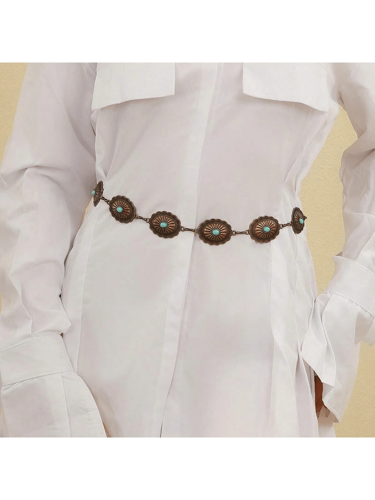 Retro Style Turquoise Inlaid Design Waist Chain For Women, Alloy Letter Decoration Waist Belt Fit For Dress, Beach, Wedding, All Seasons Summer