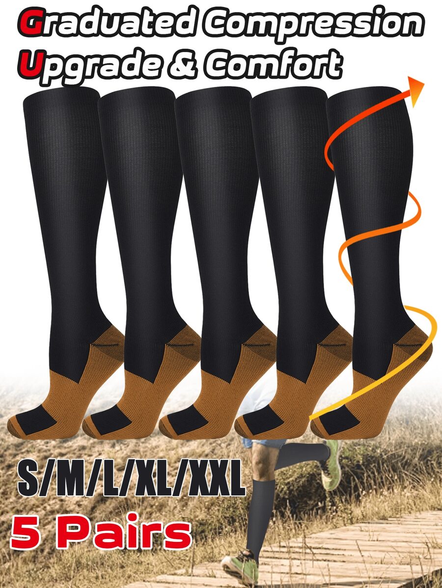 5 Pairs Compression Socks For Women & Men, Athletic Support For Running Hiking Cycling, Breathable Comfort All-Day Wear, Durable Reinforced Design