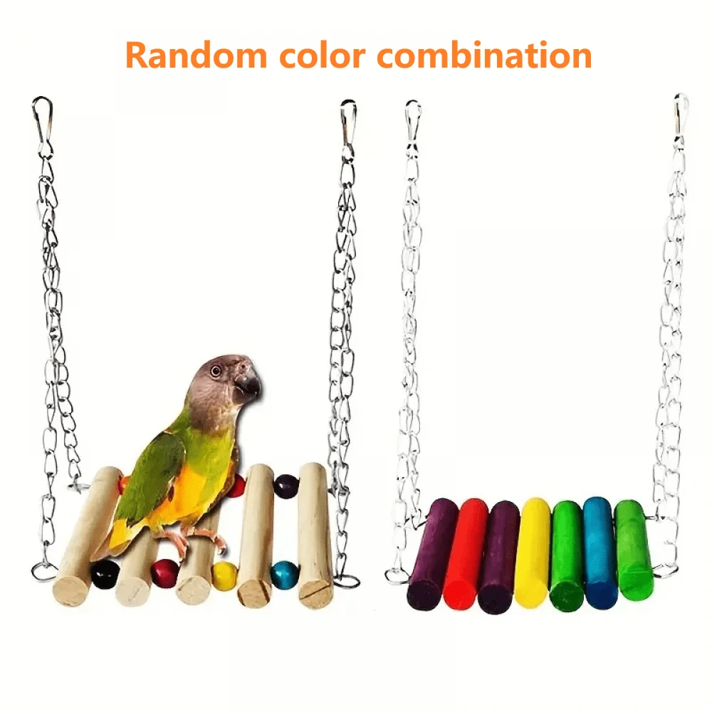 1 pièce Perchoir en bois durable pour perroquet avec balançoire, jouet avec perles colorées, clochettes, chaîne métallique et attache, accessoires de cage à oiseaux pour cacatoès et perroquets, combinaison de couleurs aléatoires