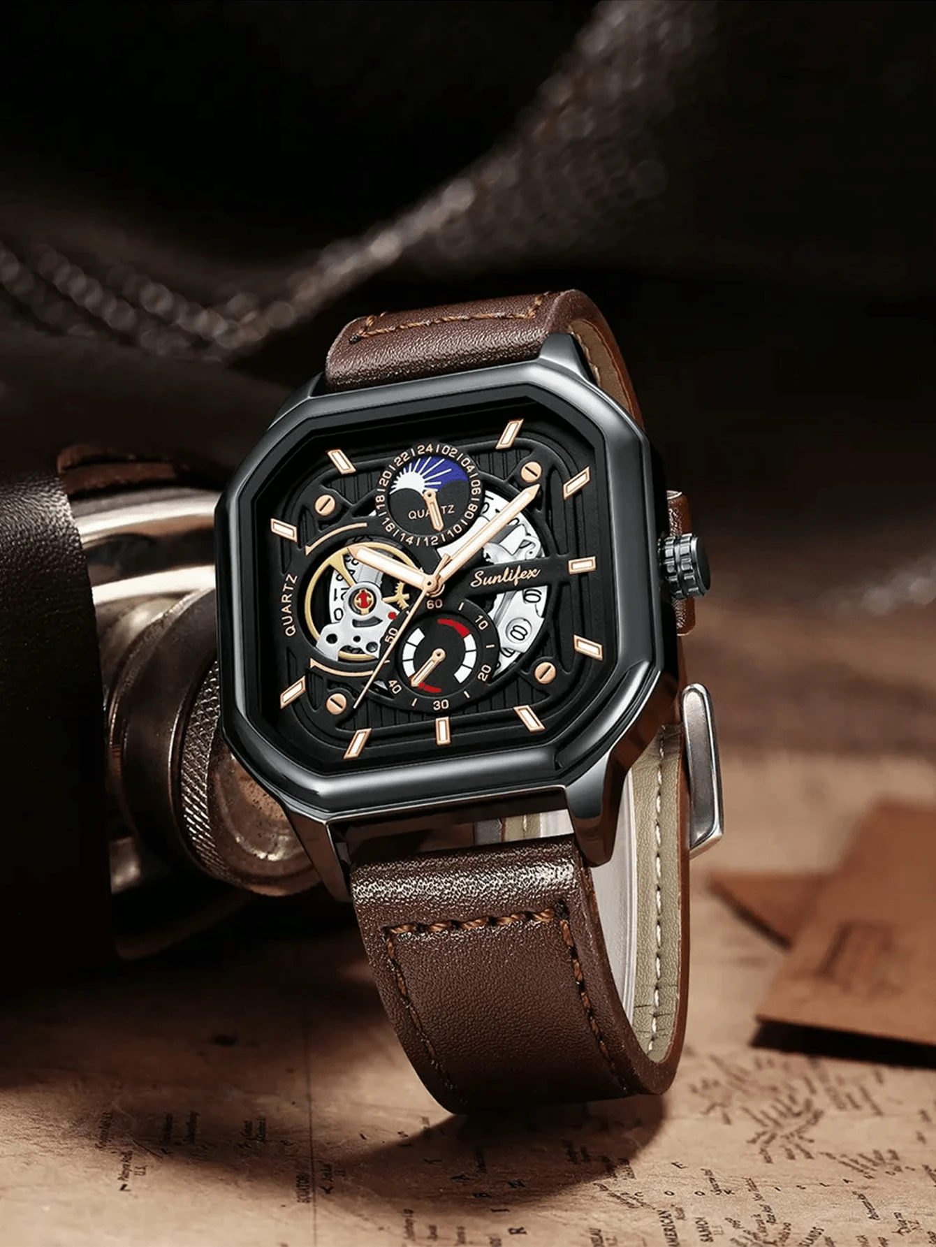 1pc Square, Hollowed-Out, Casual, Sporty, High-Quality, Leather Strap, Black, Glow In The Dark, Calendar Function, Cheap Men's Watch, Gift For Men.