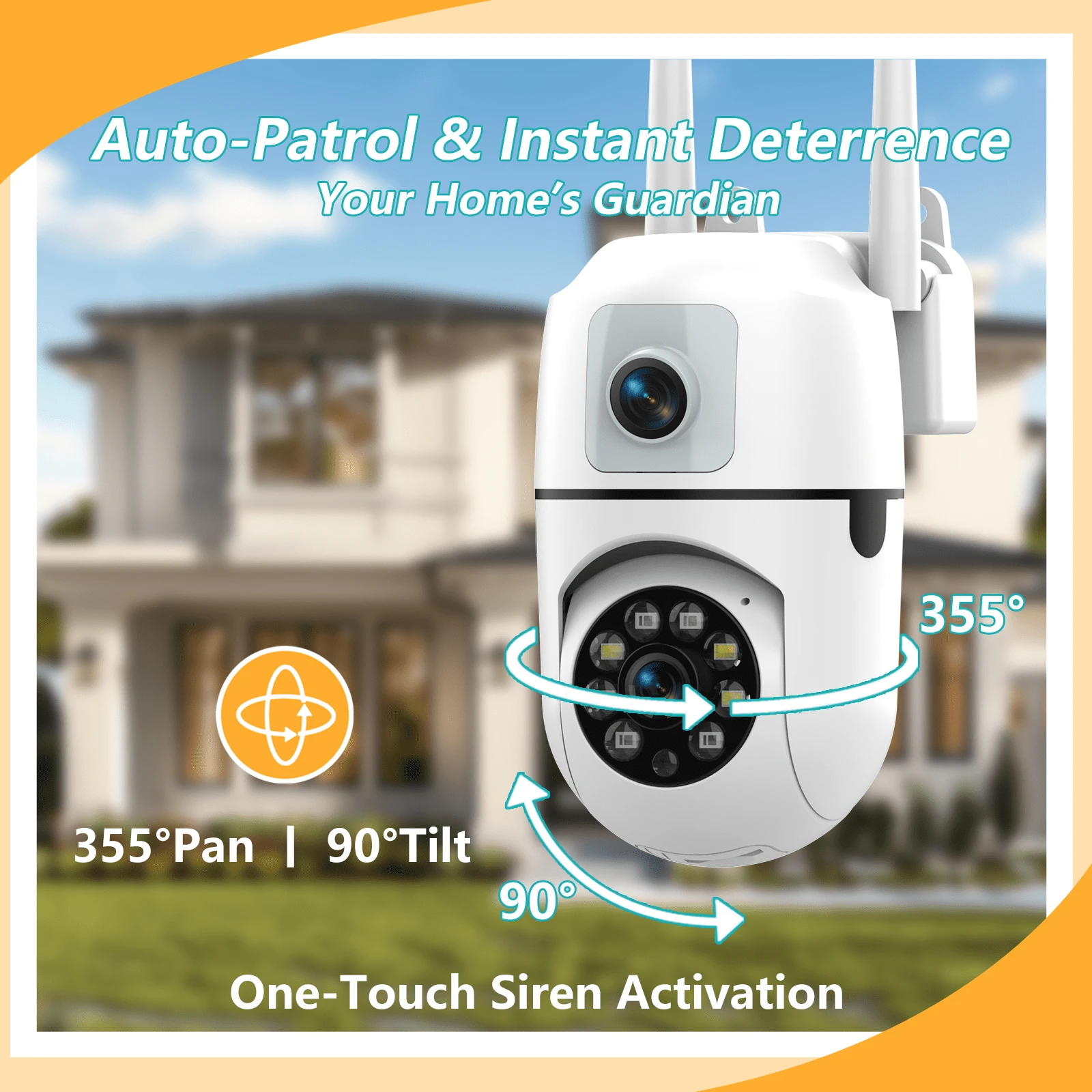 Caméra WiFi à double objectif 2MP + 2MP, intérieure et extérieure sans angles morts, écran divisé en deux, audio bidirectionnel, alarme sonore et lumineuse, partage multi-utilisateur, 3 modes de vision nocturne
