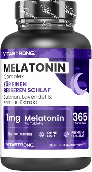 Vitastrong Melatonin-Komplex 365 Mikrotabletten, Melatonin 1 mg mit Kamille, Baldrian, Lavendel und Vitamin B6, Melatonin für Schlaf, Durchschlaf, Jetlag, reines Melatonin mit langsamer Freisetzung, zuckerfrei