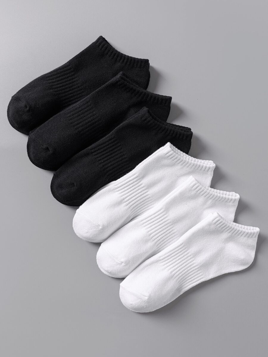 6 Pairs Unisex Black & White Elastic Waist Simple Breathable Ankle Socks, Versatile For All Seasons