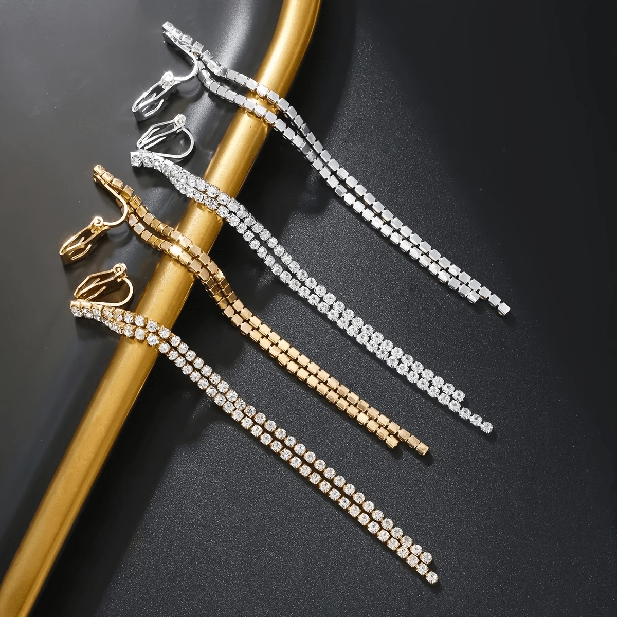 2pcs Bohemian Tassel Hanging Cubic Zirconia Crystal Long Dangle Clip-On Earrings, Simple & Elegant Tassel Chain Pendant Jewelry For Women, Bridesmaids, Wedding Party