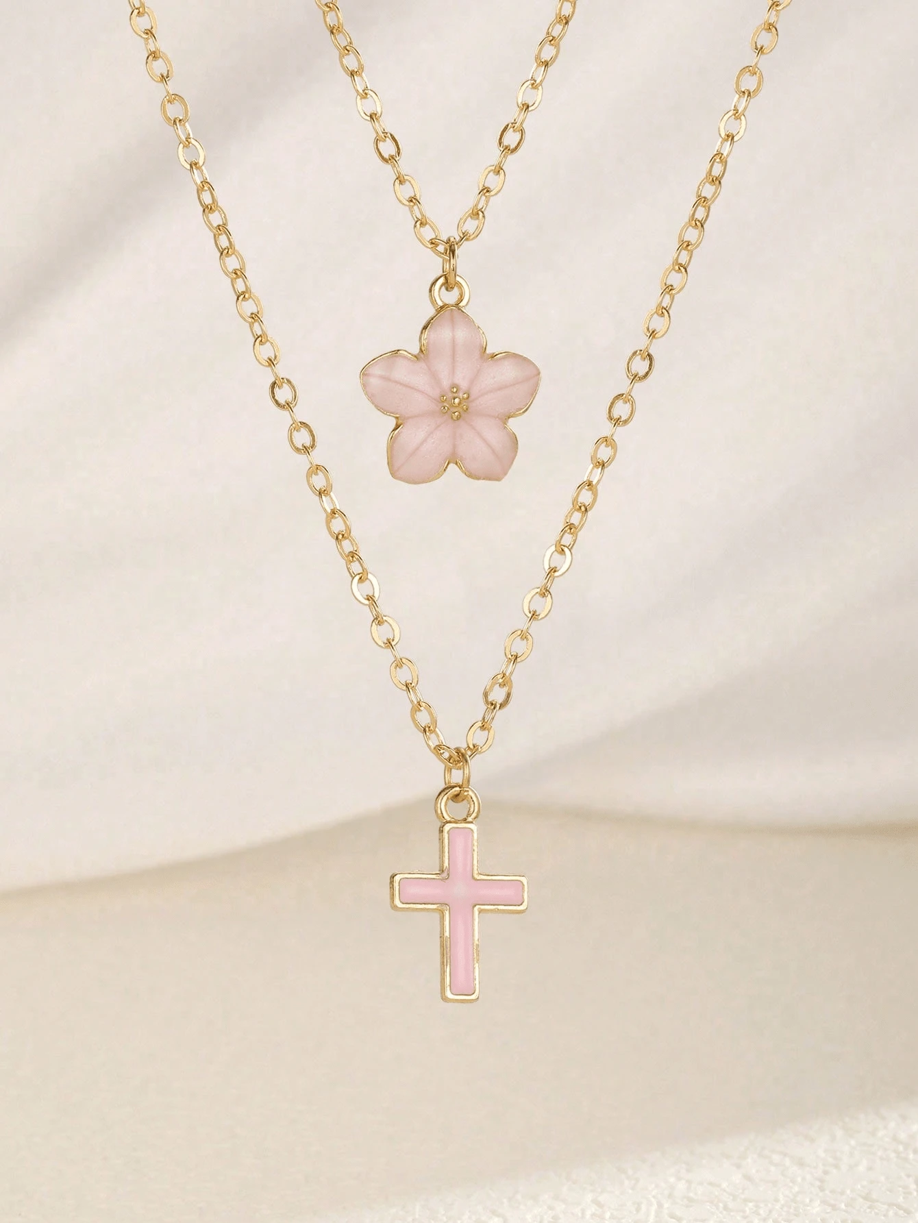2pcs/Set Beautiful Sweet Five-Petal & Cross Pendant Necklace For Girls Summer Beach Party Holiday Travel Jewelry Accessory For Daily Wear