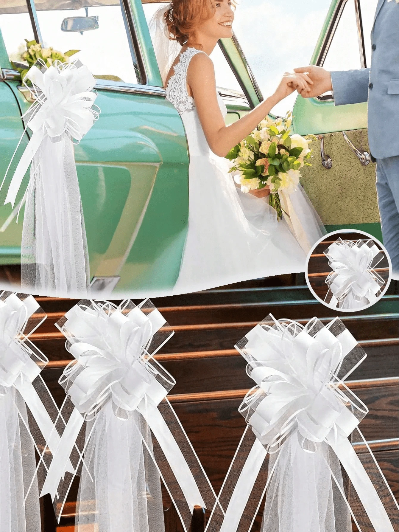 10/5/1 Conjunto Decoração de Tule de Borboleta para Casamento, Laço Grande Branco com Decoração de Tecido Branco Transparente, Adequado para Corredor da Igreja, Decoração do Carro de Casamento, Laço Grande para Chá de Panela, Aniversário, Aniversário de Casamento