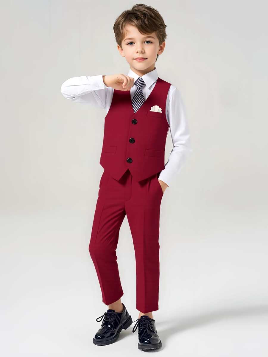 Conjunto de 2 piezas traje de caballero para niños - Chaleco rojo + Pantalones + Corbata, adecuado para fiesta de cumpleaños, evento formal, boda, festividad