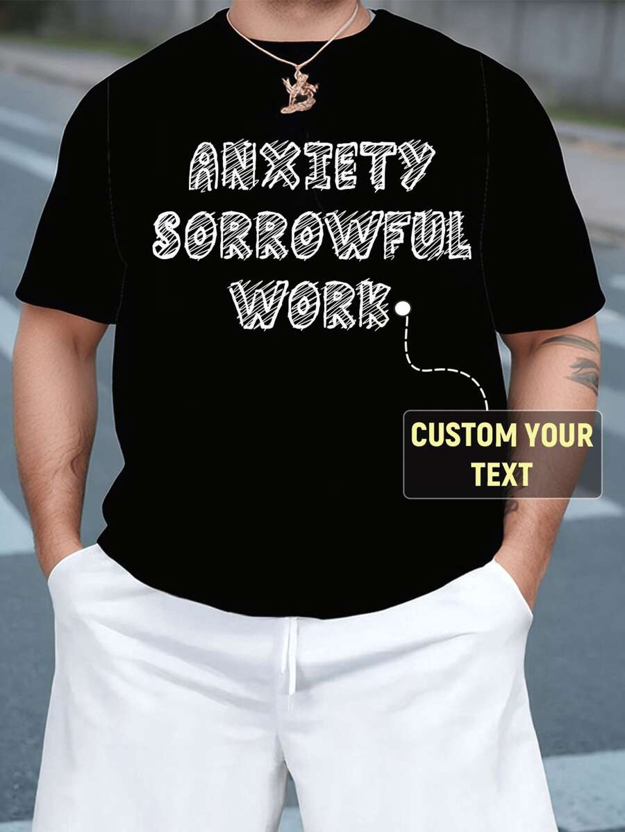 Customized Text Men's Plus Size T-Shirt, Personalized Design, Plus Size Men's Clothing, Loose Fit Plus Size Summer T-Shirt Customization, Upload Your Text/Birthday Wishes/Anything You Want To Say, Friend/Selfie/Family/LOGO/Pet Photo Customization, Birthday/Father's Day/Valentine's Day Holiday Customization, Team Outdoor Wear Customization, Personalized Graphic Crew Neck Loose Fit Plus Size Short Sleeve T-Shirt