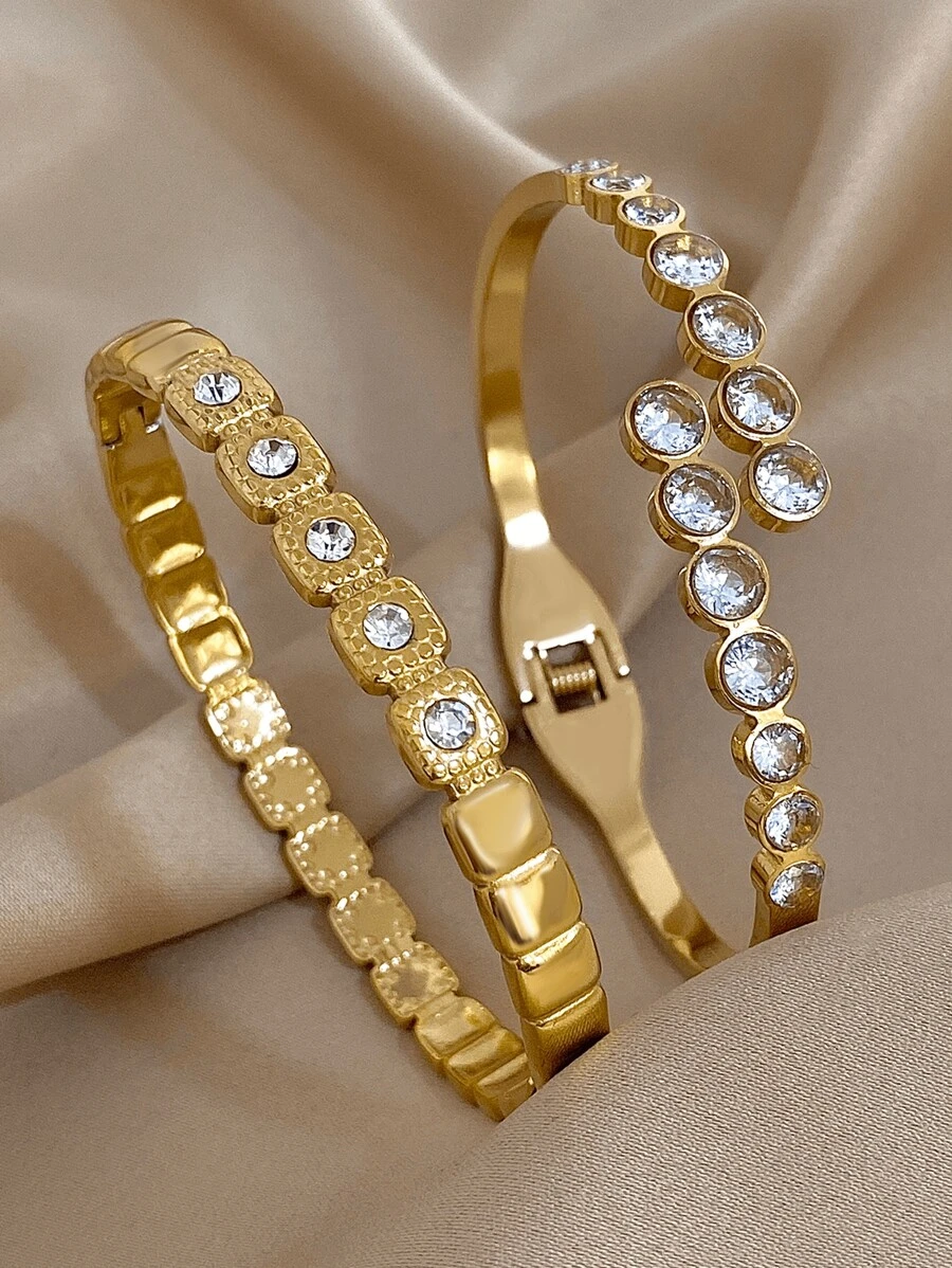 Juego de pulseras de acero inoxidable chapado en oro de 18 quilates con cristales de circonio cúbico para mujeres y niñas, regalo para el Día de la Madre, accesorio para bodas y fiestas, regalo para maestros, graduación, pulsera bohemia elegante para verano, viajes y festivales, para fiestas diarias, accesorios para rave/baile de graduación, joyería dorada amarilla