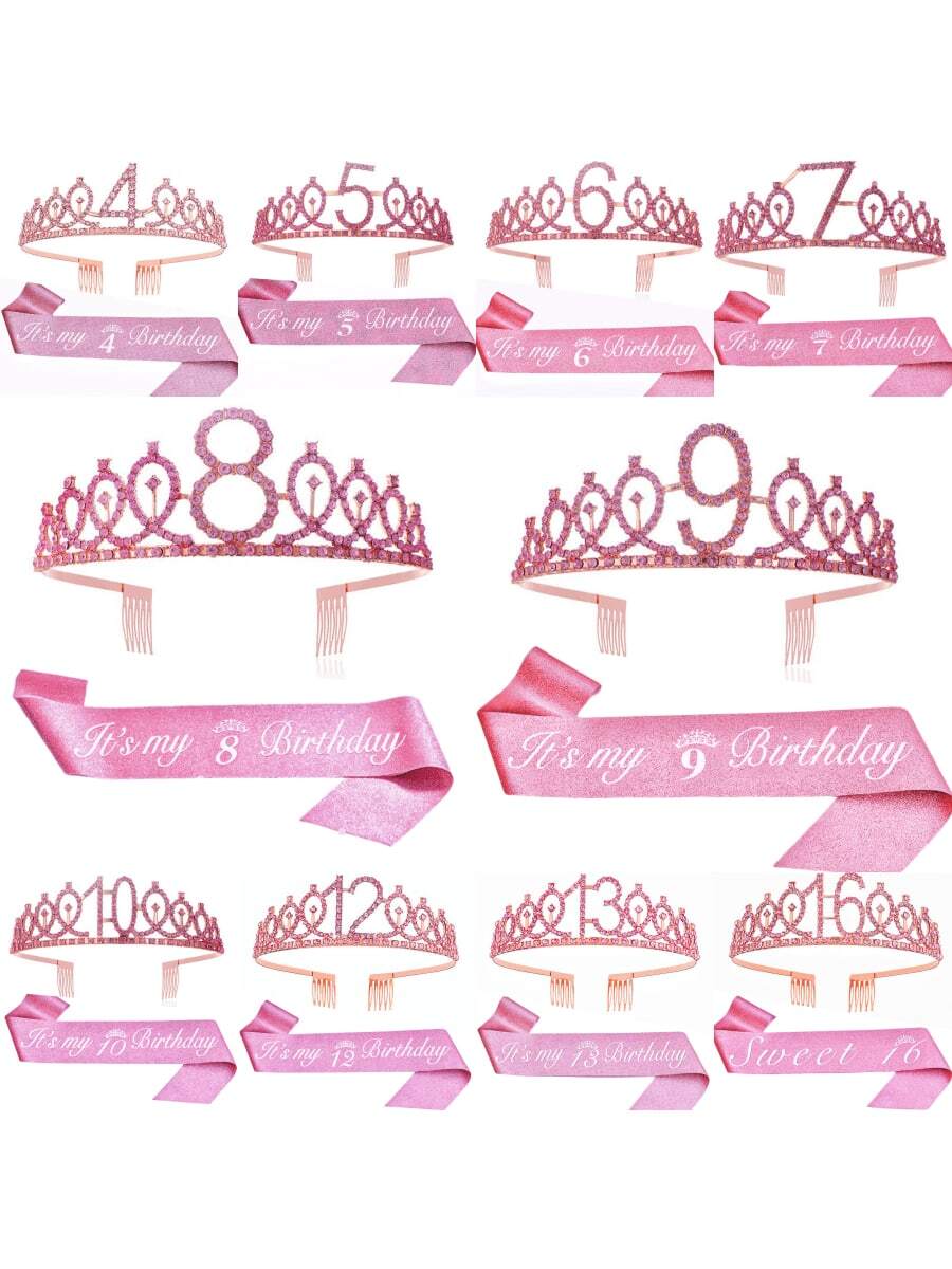 2pcs/Set 4th 5th 6th 7th 8th 9th 10th 12th 13t 16th Birthday Gift Party Favor Rhinestone Crown Jewelry Peony Ribbon Number Etiquette Rose Flower Shoulder Strap Onion Powder Cloth Belt Holiday Dress Up Set Fashion Number Delicate Crown Tiara Hair Accessories It's My Birthday For Pink