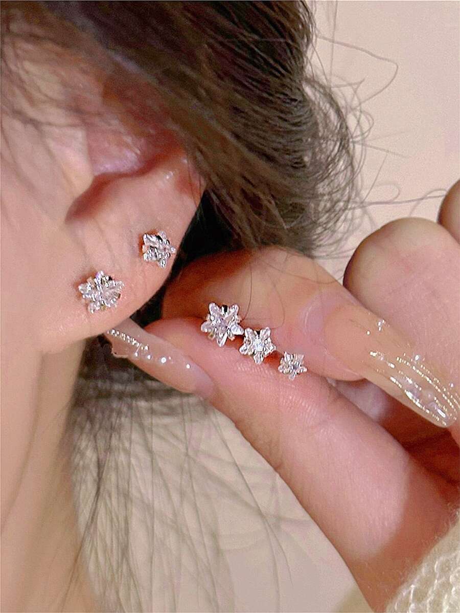 Juego de 1 set de 6 piezas de discretos pendientes tipo botón con estrellas de circonita, conjunto de pendientes elegantes minimalistas con estrellas de cinco puntas