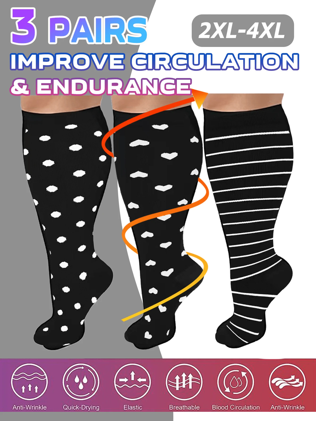 3 Pairs Plus Size Compression Socks - Enhance Performance And Recovery, 15-20 MmHg Compression Benefit, Wide Calf Fit, Improves Foot Blood Flow, Perfect For Running, Cycling, And All Sports, Unisex Design