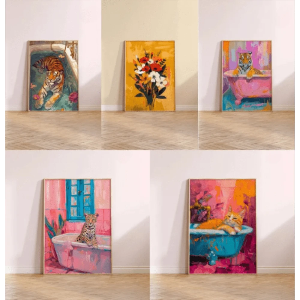 1PC Modern Abstraction Colorful Creatures Wall Art Canvas Painting Prints Animals In Bathtub Flower Home Decor Optional Frame