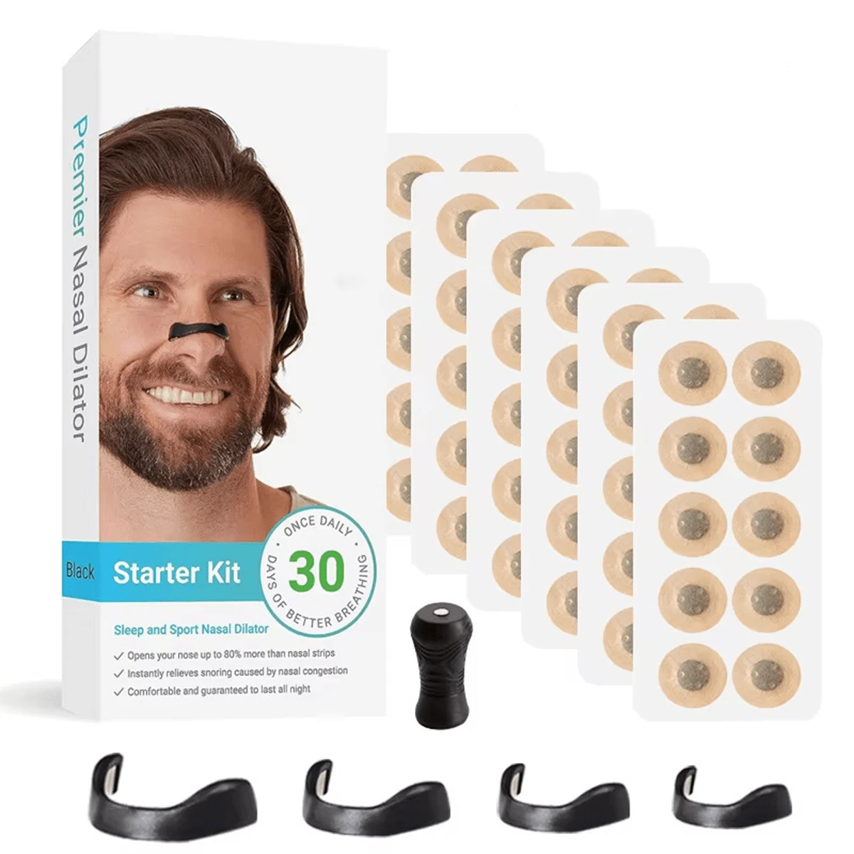 30 piezas/60 piezas Dilatador de nariz magnético negro, diseño magnético resistente, clip nasal ergonómico, sin presión y cómodo, doble refuerzo de la adsorción magnética y el clip nasal, liviano y portátil, reutilizable, ajuste flexible, alivia efectivamente la congestión nasal, mejora la suavidad de la respiración, adecuado para deportes y ejercicios