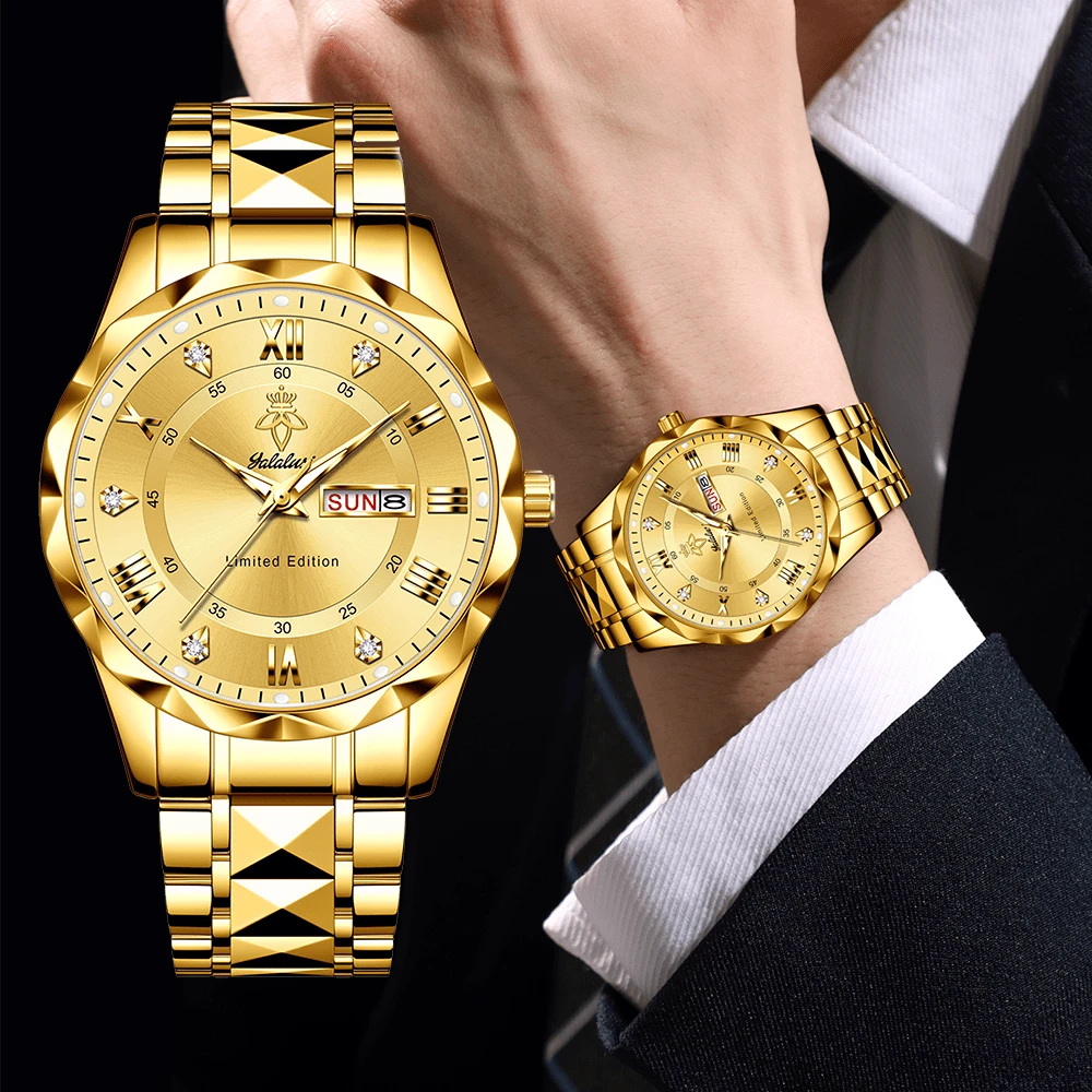 YaLaLuSi 1 pièce Montre à quartz de luxe de couleur dorée de la marque YaLaLuSi. Conception du boîtier résistante et de couleur vive, décorée de strass. Cadran simple avec aiguilles lumineuses et fonction calendrier. Convient pour le travail, les affaires, l'usage quotidien, les fêtes. Cadeau idéal pour la famille, les amis, anniversaire, vacances.