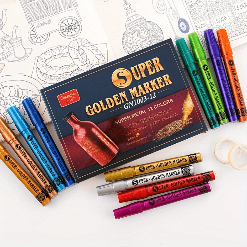 Guangna 12 colori super dorati, pennarelli con punte spesse, colori metallici per fai da te e graffiti, pennarelli glitterati, punta da 3 mm, adatti per metallo, modelli, ceramica, tela, pietra, cartone e altri materiali multifunzione, ottimi per la pittura!, Ritorno a scuola, forniture scolastiche