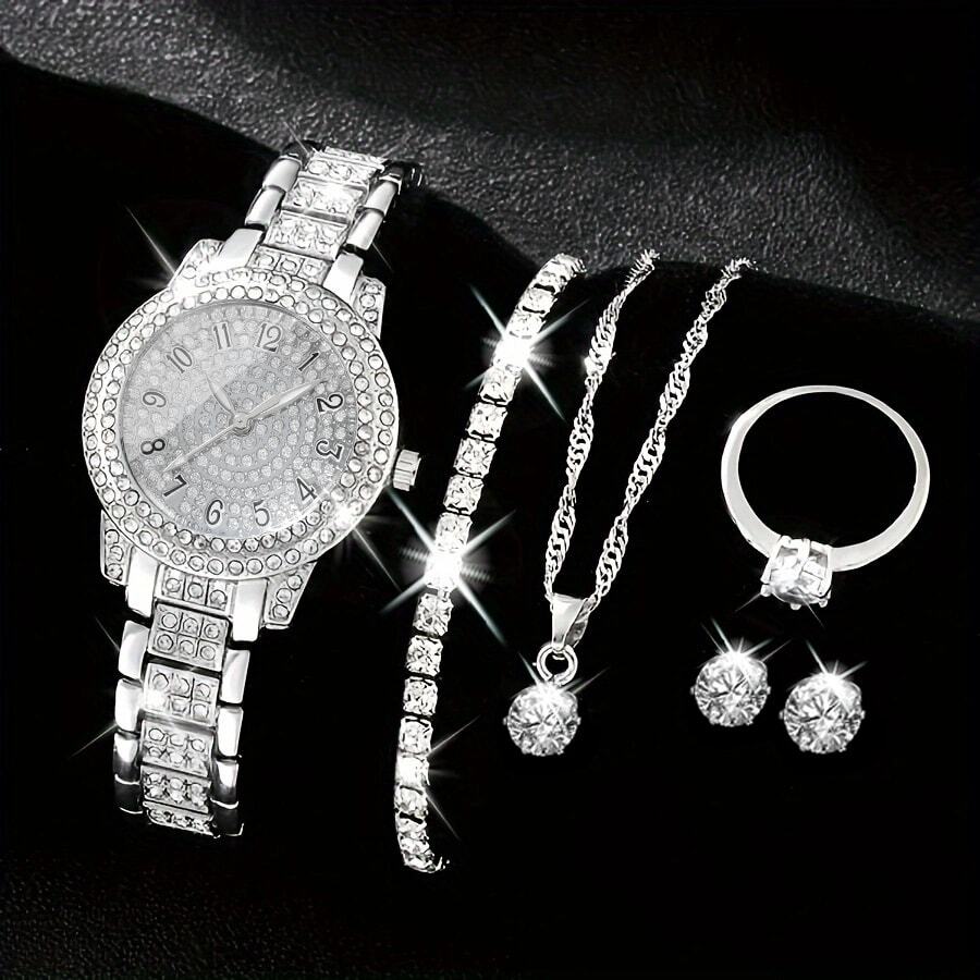 Relógios femininos da moda com 6 peças, mostrador digital, relógio de quartzo com strass, ponteiros redondos, relógios femininos e acessórios de joias, colar com strass, pulseira, brincos, conjunto de anéis, presente para festa de casamento, férias na praia, presente de dia dos namorados