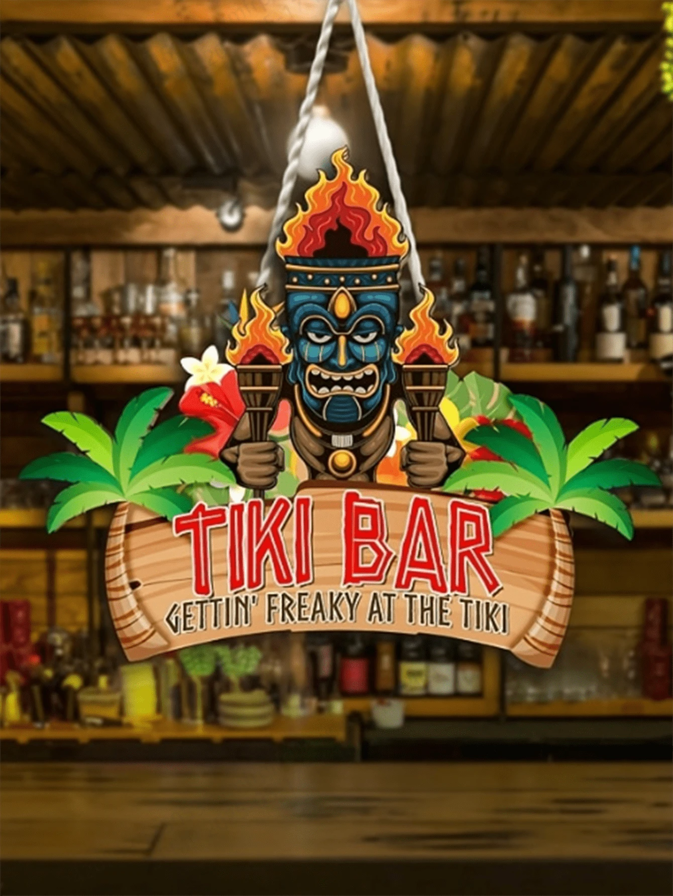 Panneau décoratif pour bar tiki - Art mural tropical en bois avec un masque bleu vibrant et des accents floraux, bannière "Gettin' Freaky At The Tiki", parfait pour la maison, le patio ou la décoration extérieure thème plage, sans électricité requise | Design texte audacieux | Thème tropical, décoration tiki