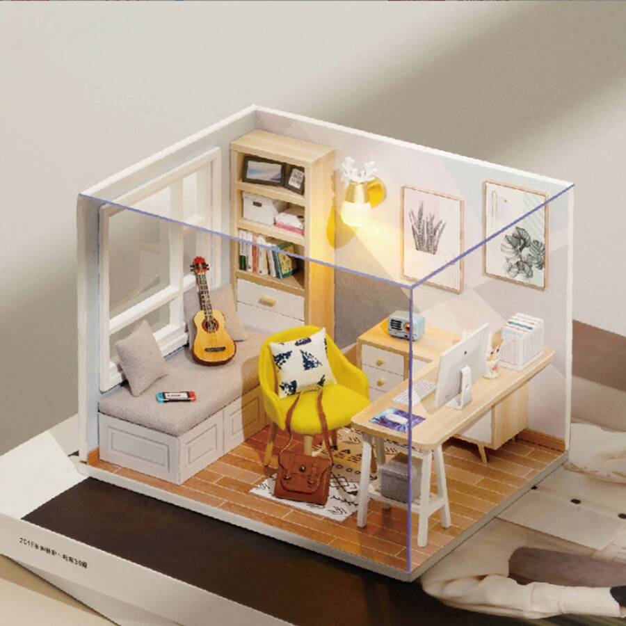 Mini DIY House Sunny Study Room Wooden Assembly Building Model, Miniature Room Decoration Accessories, Creative Holiday Gift