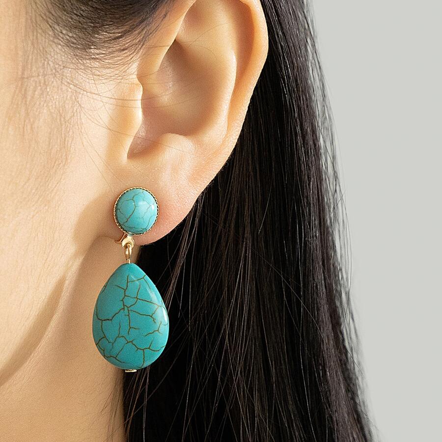 Oval Turquoise Ear Clip Earrings For Women, Geometric Non-Pierced Personalized Earrings