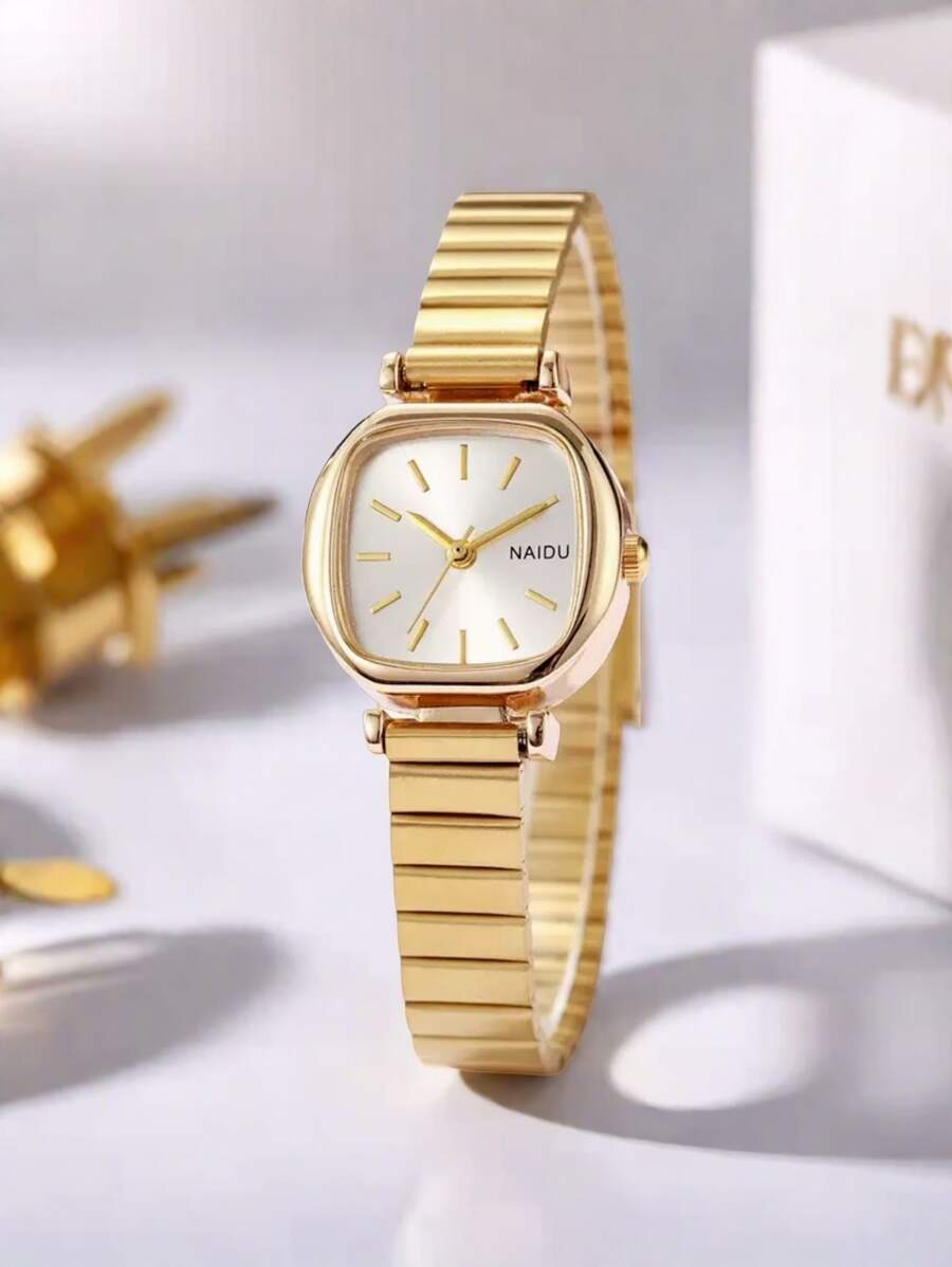 1 pieza Reloj de cuarzo vintage con correa de acero inoxidable para mujer, versátil para uso diario