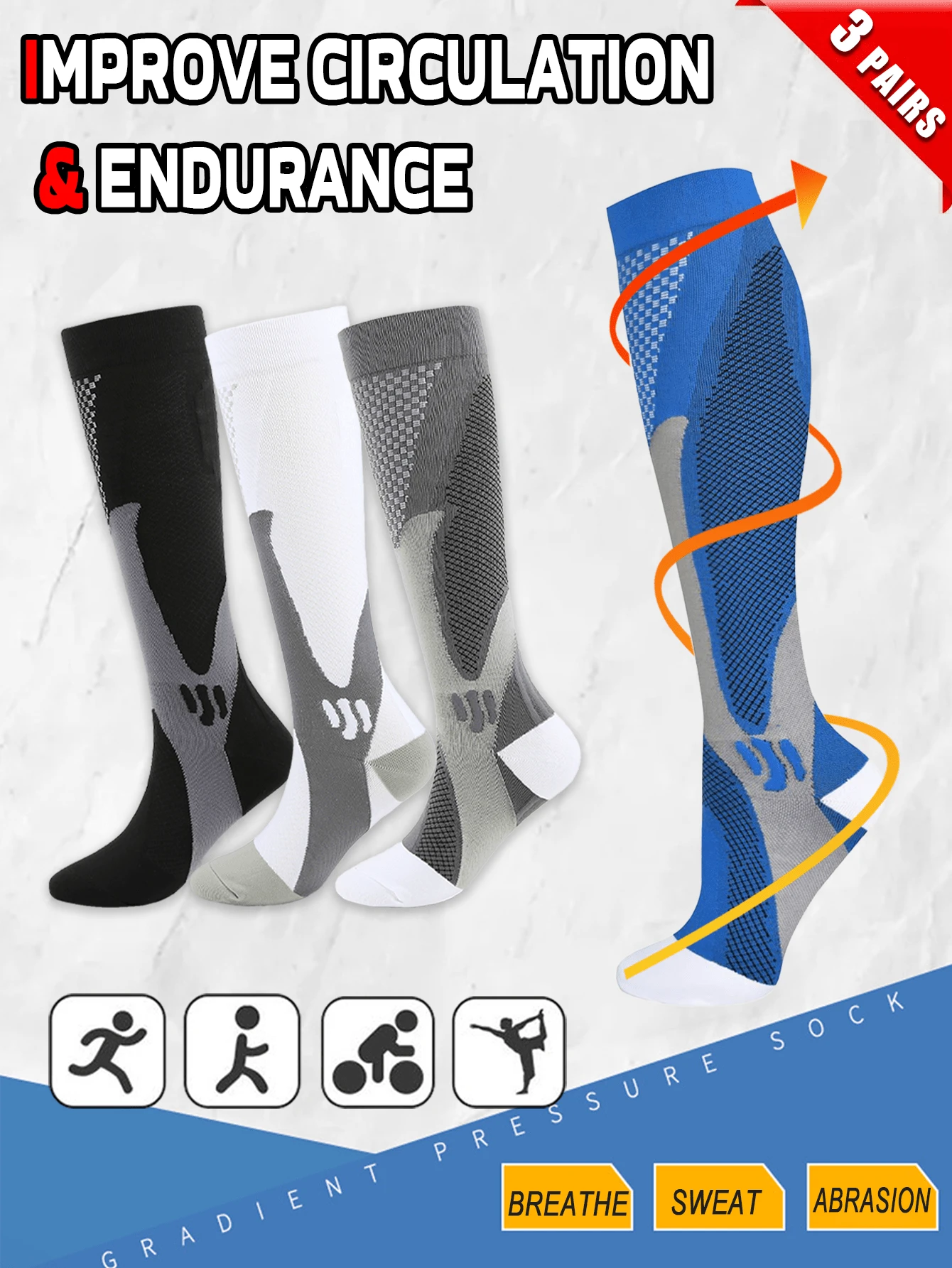 3 Pairs Compression Socks For Men And Women High Stretch Outdoor Sport Leg Support Stockings, Running, Athletic, Nursing S-XXL