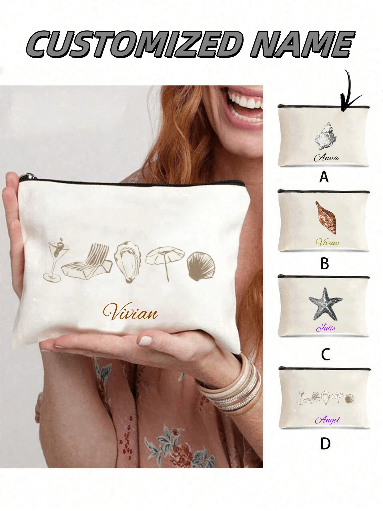 1 Customized Lightweight Stylish Simple Large Capacity Cosmetic Bag With Seaside Shell Elements, Zipper Closure, Nylon Material, Suitable For Women'S Daily Use, Work And Beach Vacation. Customizable Personalized Name Or Holiday Toiletry Bag